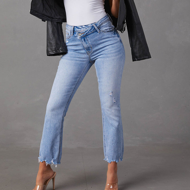 Women's high-waist jeans with trendy fringing and distressed details Lune London