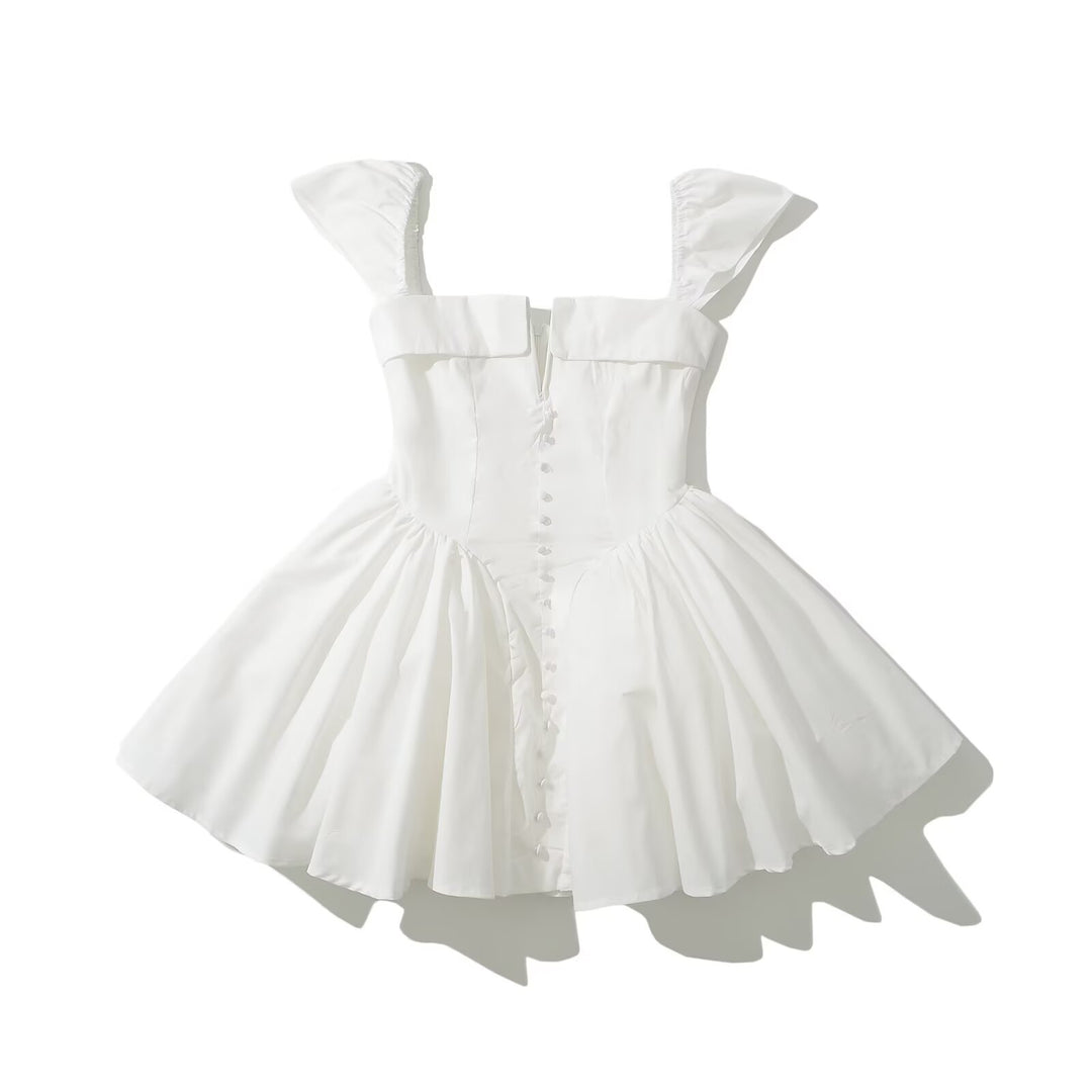 Mini dress for ladies with voluminous ruffle elements and a button detail Lune London