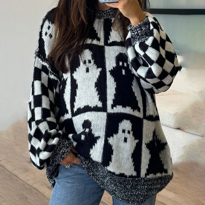 Thick knit sweater for women with a modern ghost pattern and a casual fit Lune London
