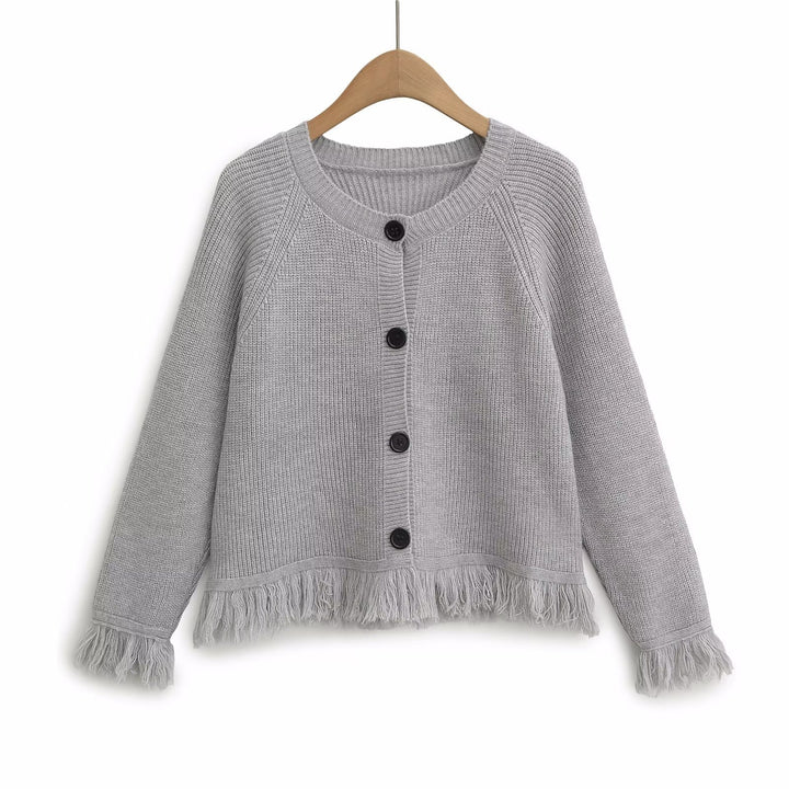 Ladies cardigan with fringed edges and button details Lune London