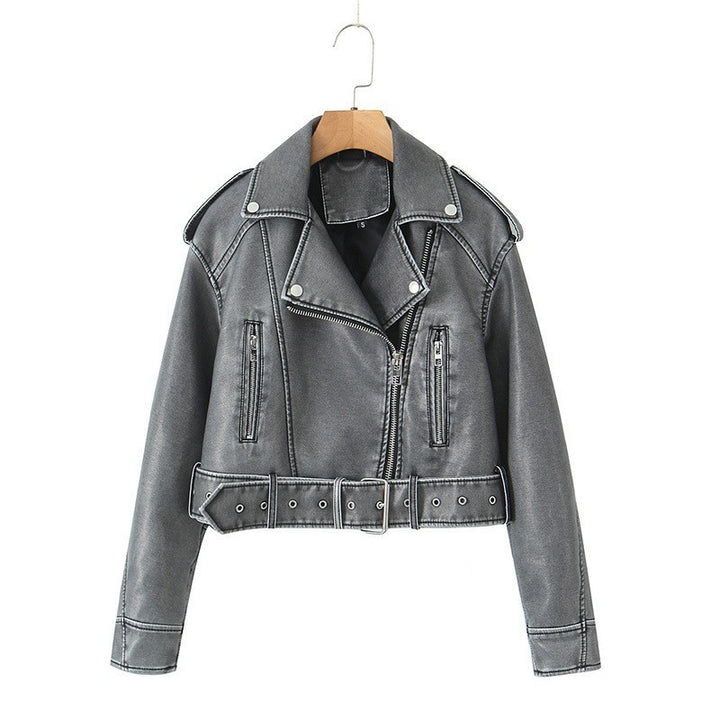 Faux leather biker jacket for women with belt Lune London