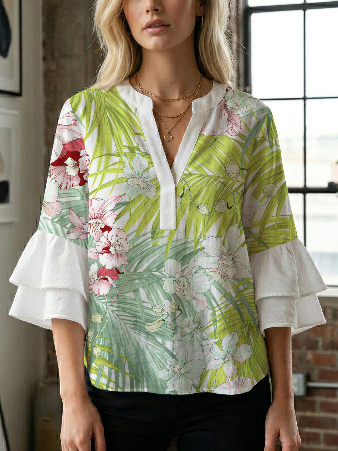 Ladies elegant blouse shirt with voluminous puff sleeves and graphic floral design Lune London