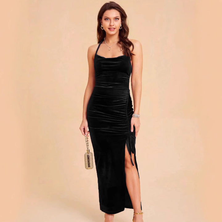 Elegant velvet maxi dress for women with adjustable slit and refined gathers Lune London