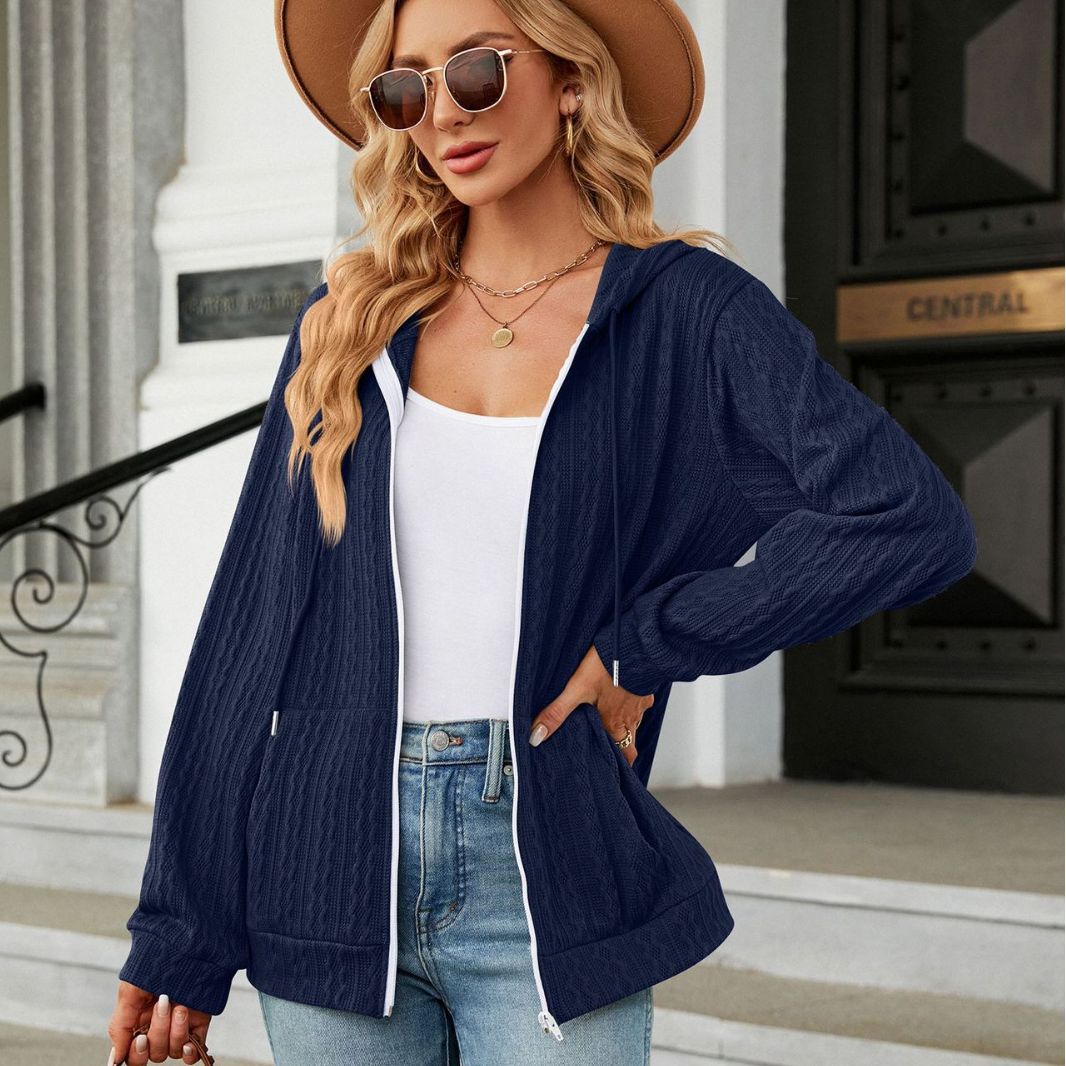 Ladies casual knitted cardigan with texture and hood Lune London