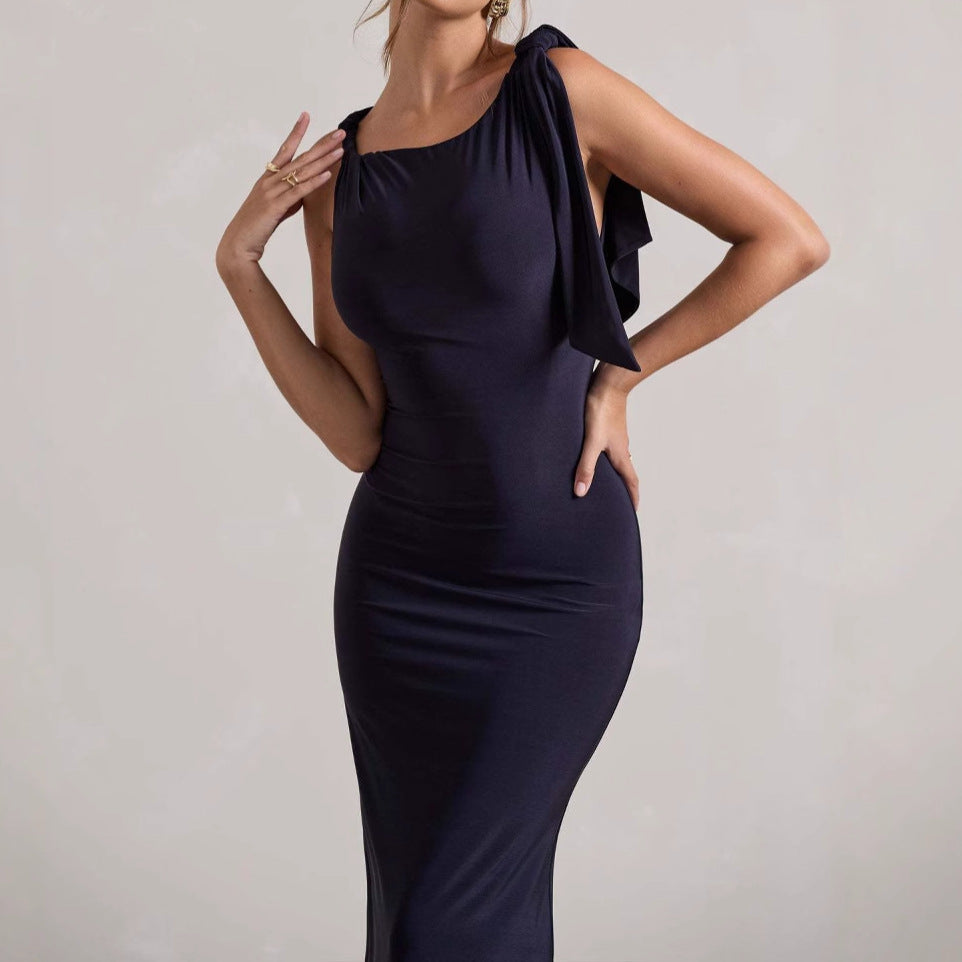 Ladies Elegant Maxi Dress with Asymmetric Strap and Fitted Cut Lune London