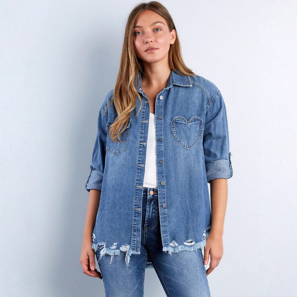 Women's denim blouse with heart appliqué and fringed hem Lune London