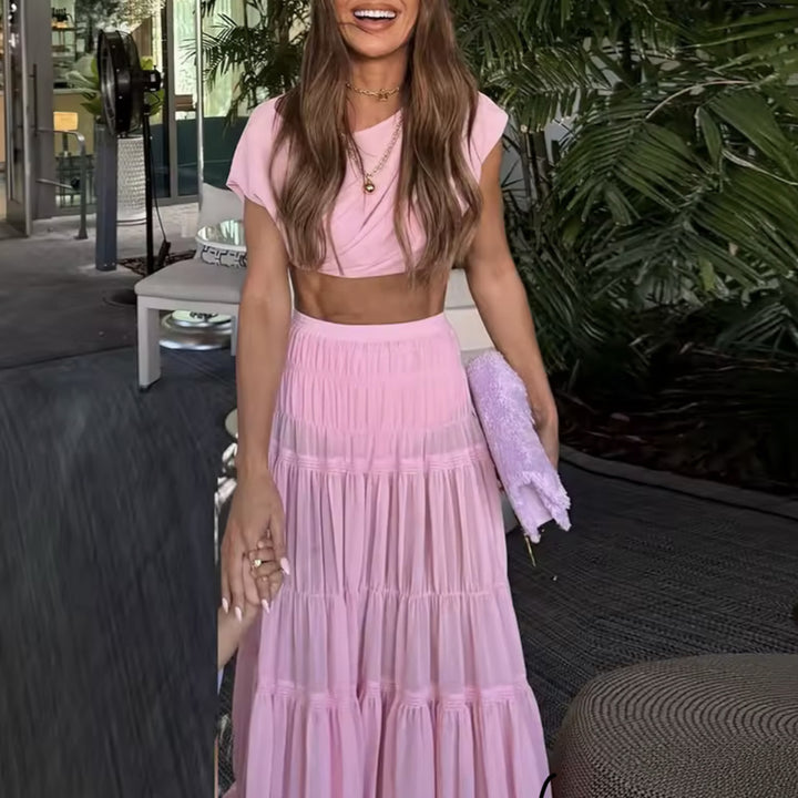 women's set consisting of a trendy crop-top and a maxi-skirt with ruffle details Lune London