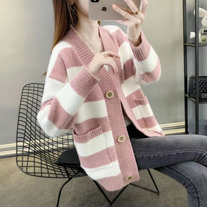 Thick knitted cardigan for women with Breton stripes and practical pockets Lune London
