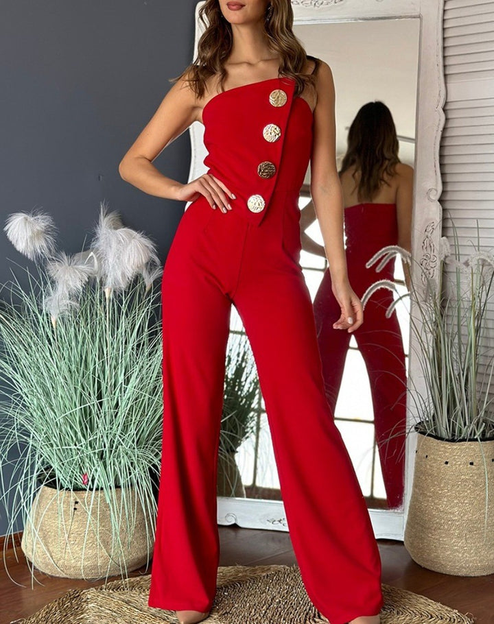 Ladies Elegant jumpsuit with off-shoulder design and decorative buttons Lune London