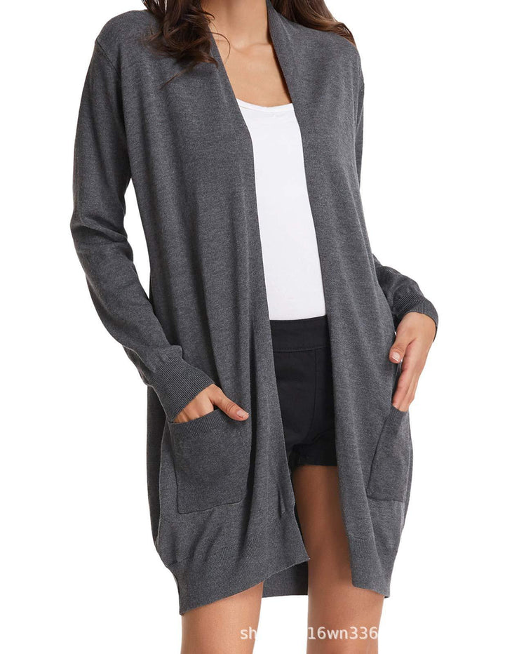 Ladies Long Cardigan with open front and practical pockets Lune London