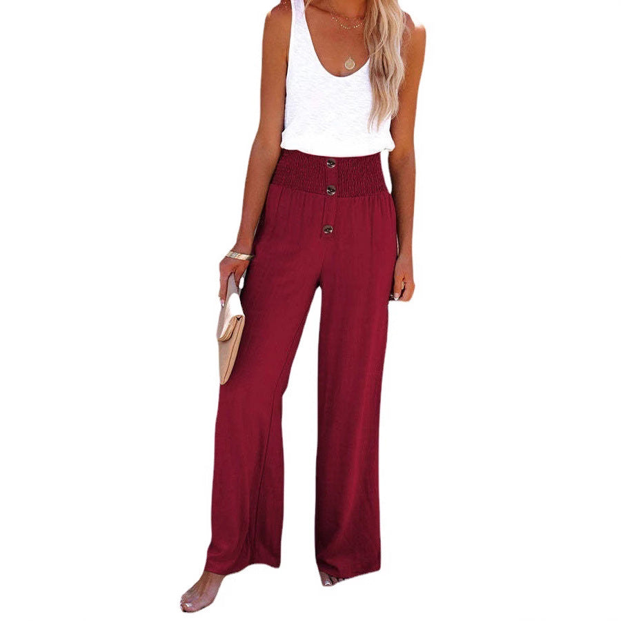 High-waisted wide-leg pants for women with decorative button detail and elastic waistband Lune London