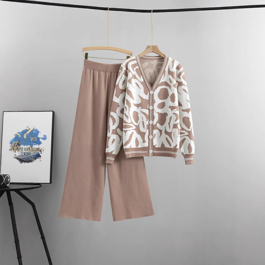 Ladies Fashion Knit Top with a Sophisticated Graphic Pattern and Casual Chic Pants and Style