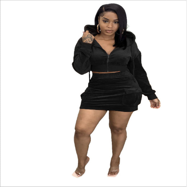Ladies Two-piece Velvet Sports Set with Hooded Sweatshirt and Shorts Lune London
