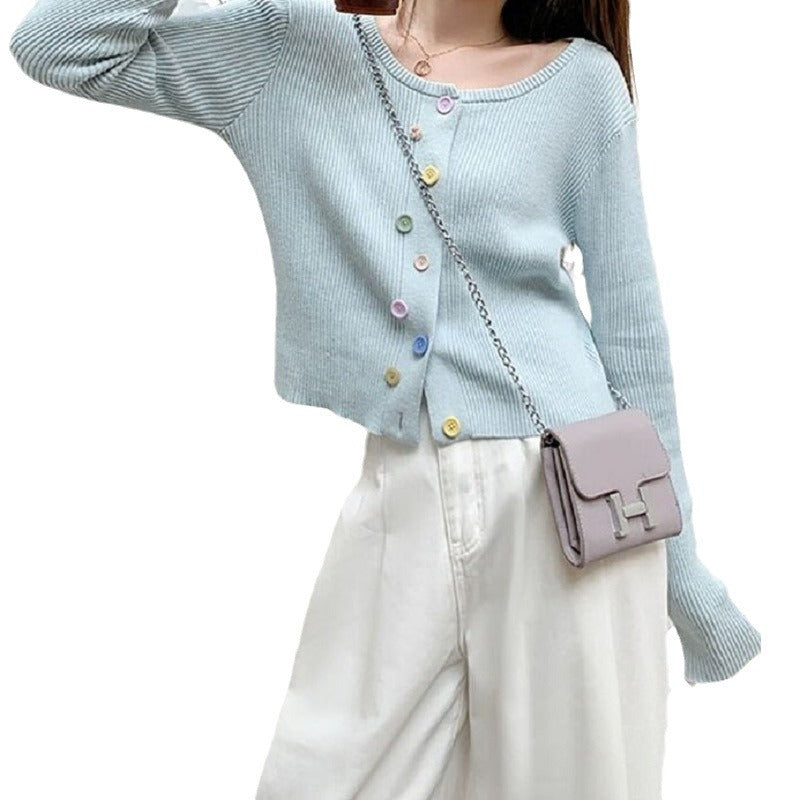 Fine knit jacket for women with colorful buttons and crew neck Lune London