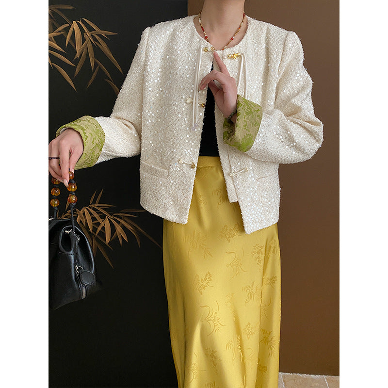 Women's Elegant Boucle Jacket with Sequins and Contrasting Sleeves Chic & Stil