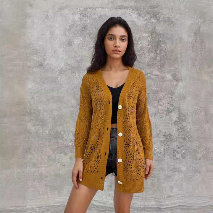 Knitted jacket for women with perforated pattern and button closure Lune Londonl
