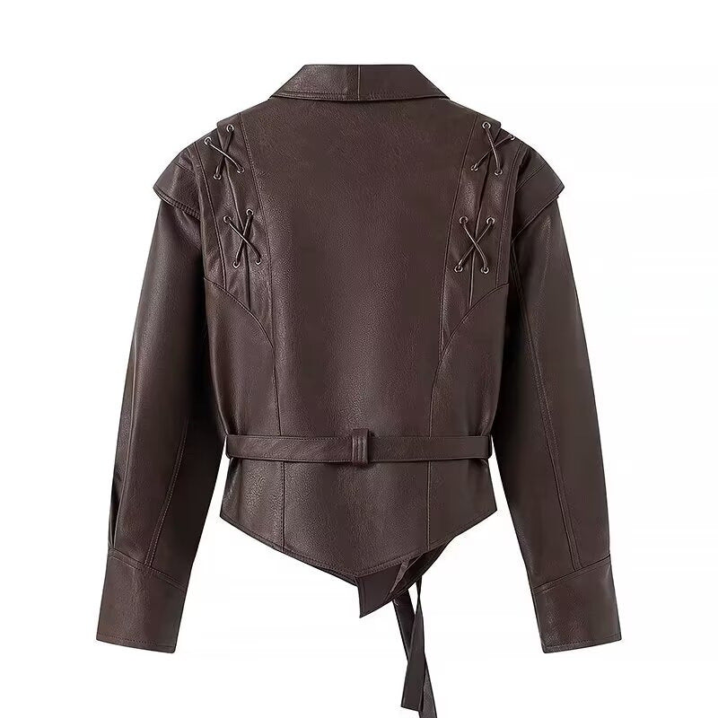 Synthetic leather jacket for women with adjustable belt and contrast stitching Lune London