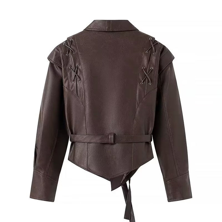 Synthetic leather jacket for women with adjustable belt and contrast stitching Lune London