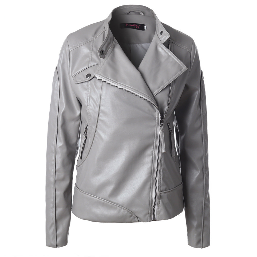 Fashionable synthetic leather jacket for women with asymmetrical zipper and high collar Lune London