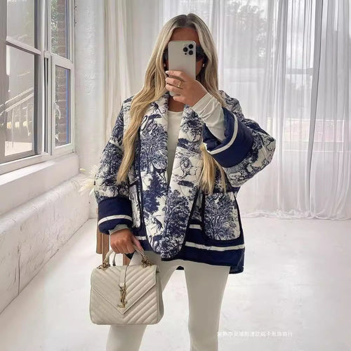 Ladies Elegant down jacket with traditional pattern and wide lapel Lune London