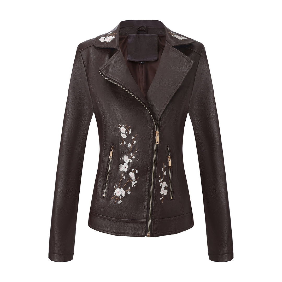 Trendy motorcycle jacket for women with embroidered floral pattern Lune London