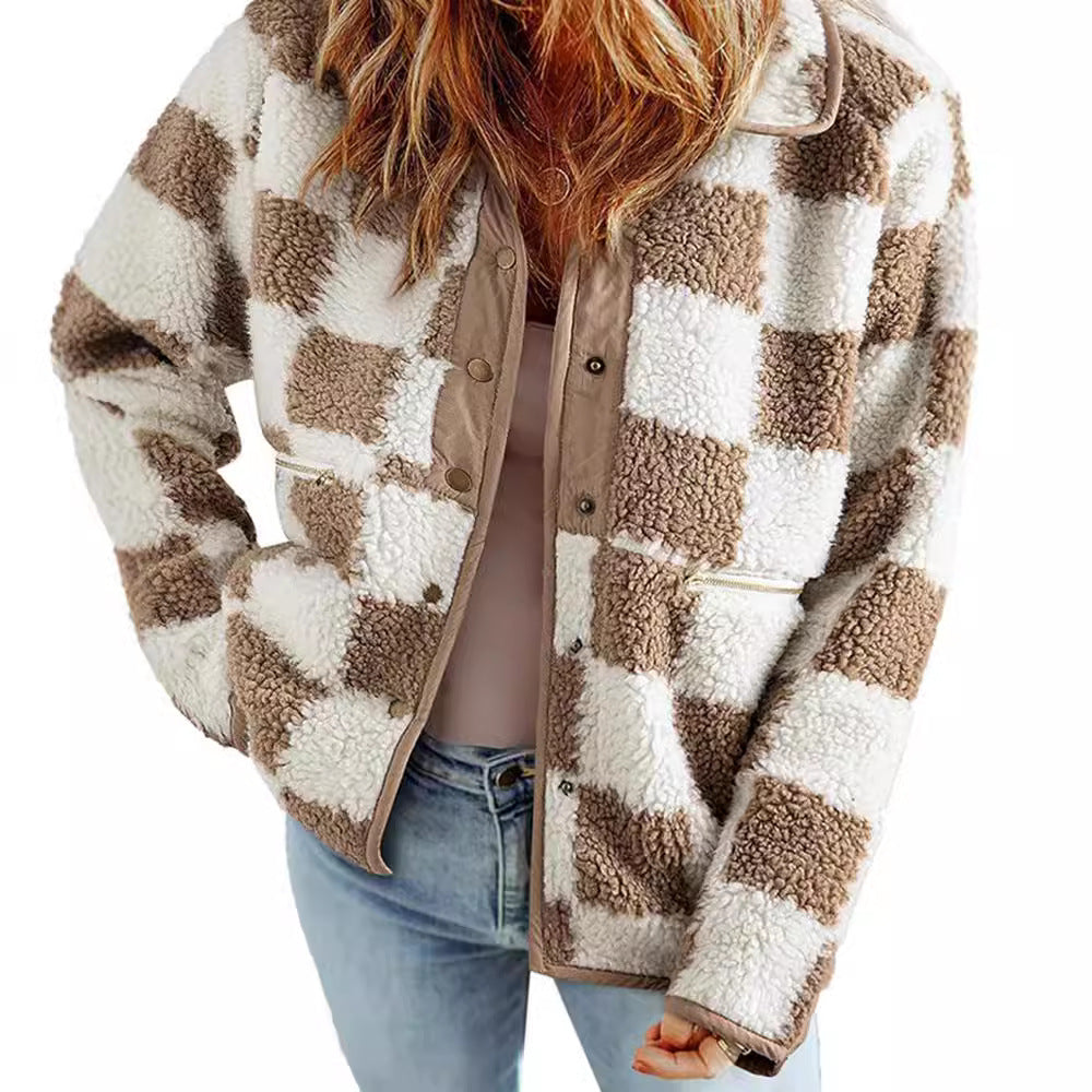Ladies Cozy Wool Jacket with Modern Square Patterns Lune London