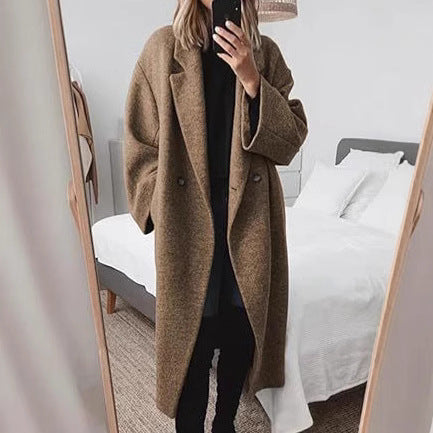 Ladies Boucle Oversized Coat with Double-Breasted Button Row Lune London