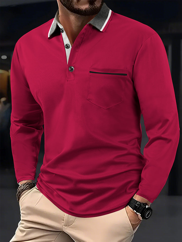 Men's long sleeve polo with textured collar and chest pocket Lune London