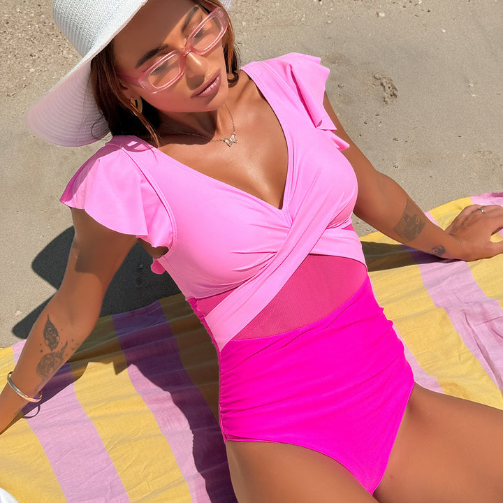 Ladies Ruffled Cross Front Monokini Chic Swimwear