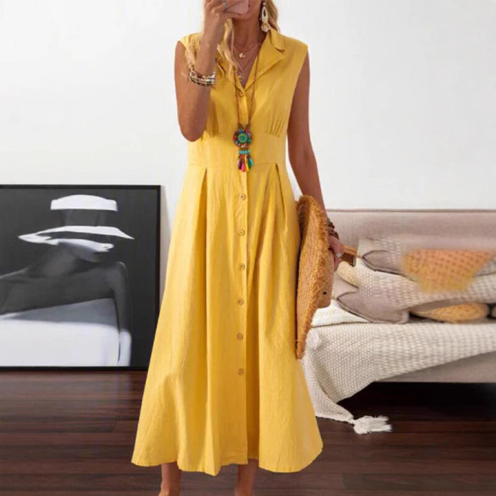 Summer maxi dress for ladies with button placket and sleeveless design Lune London