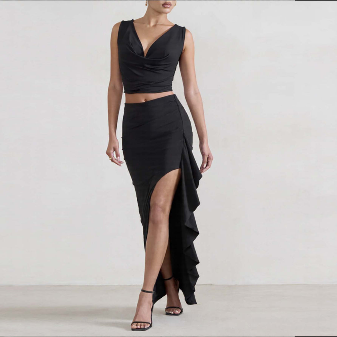 Ladies Elegant Crop Top and Maxi Skirt Set with High Slit Lune London