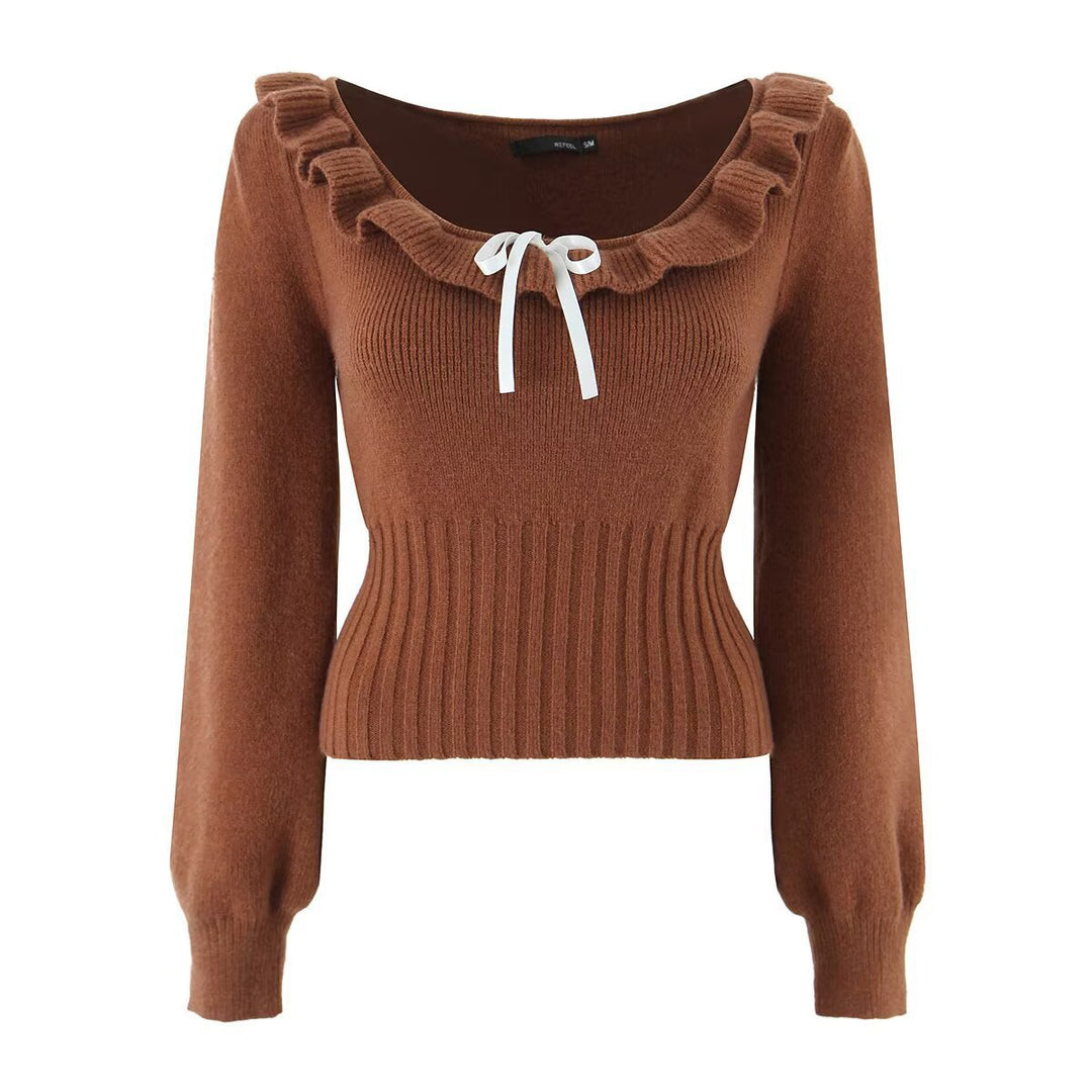 Elegant knit sweater for ladies with ruffle details and drawstring Lune London