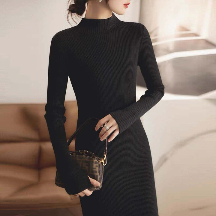 Knitted dress for women with high collar and ribbed structure Lune London