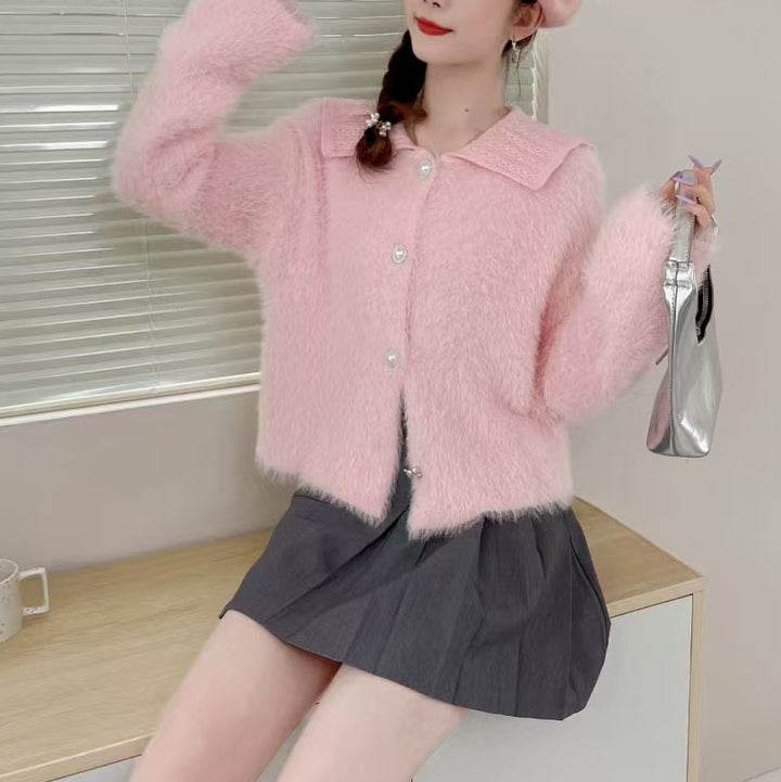 Ladies Plush Knit Jacket with Decorative Collar Lune London