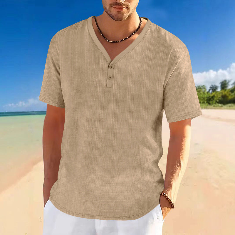 Men's short sleeve Henley shirt with textured design and stylish accents Lune London