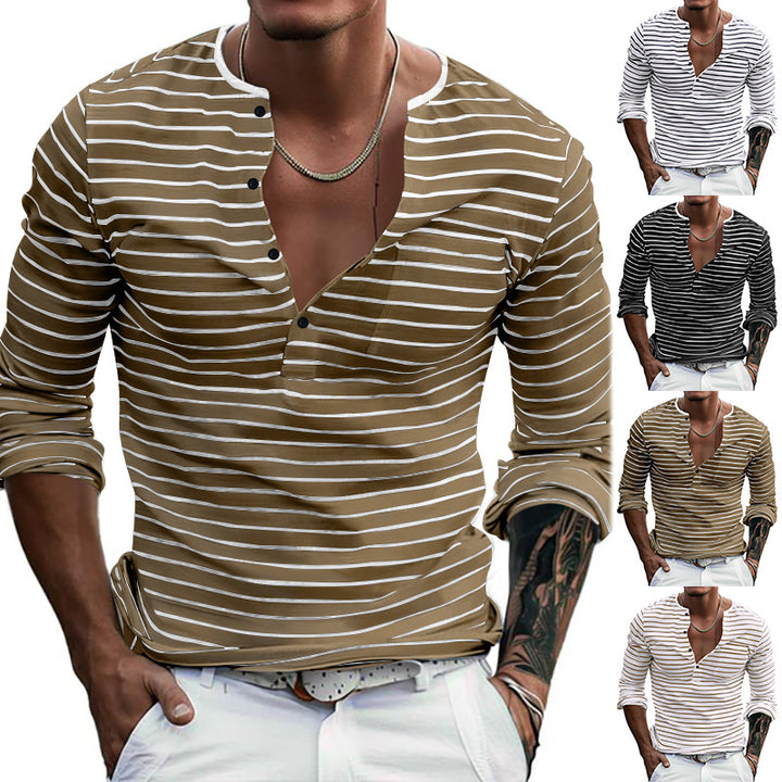 Men's long sleeve t-shirt with striped design and button placket Lune London