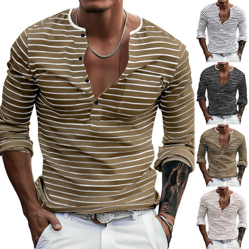 Men's long sleeve t-shirt with striped design and button placket Lune London