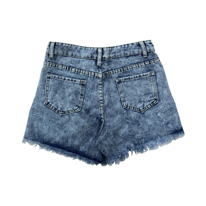 Women Destroyed Denim Shorts with frayed pockets and trendy patches Lune London