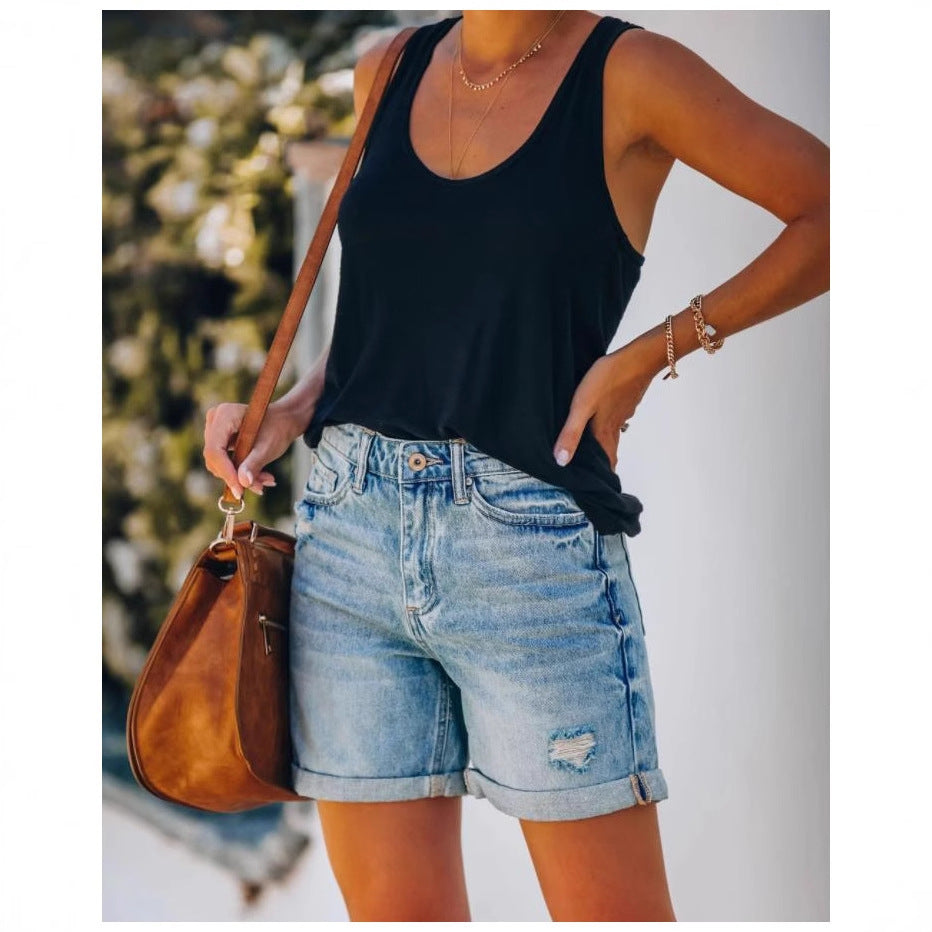 Casual denim shorts for women with rolled hem and distressed details Lune London