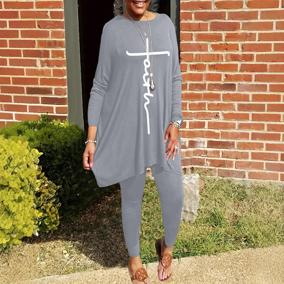 Ensemble de leggings et tunique pour femmes avec découpe asymétrique et impressions motivantes Chic & Stil