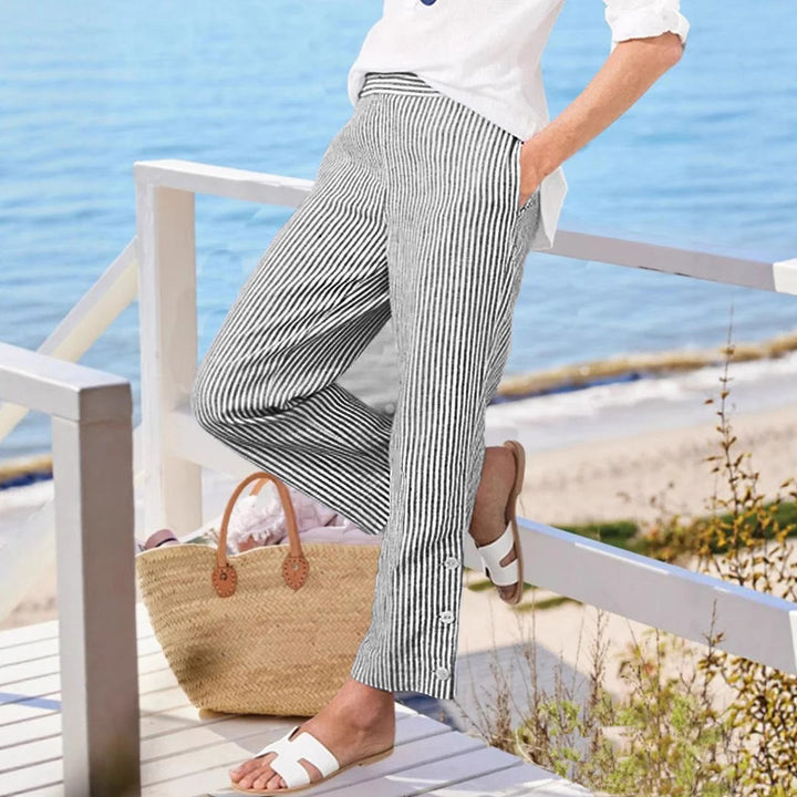 Long striped pants for women with button details and side pockets Lune London
