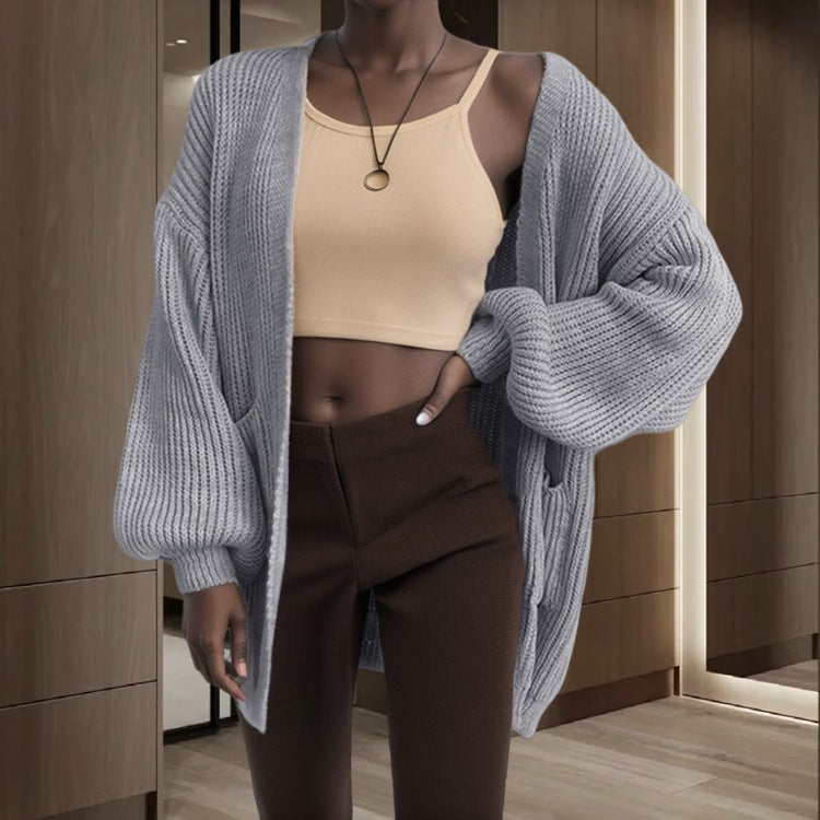 Women Open Knit Cardigan with Voluminous Sleeves and Practical Pockets Lune London