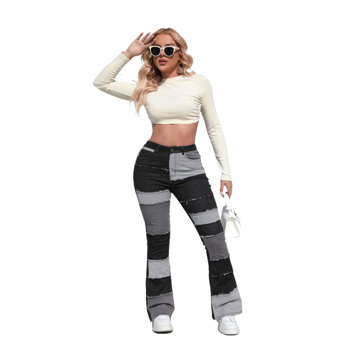 Women's bootcut jeans with a modern patchwork design and casual fringes Lune London