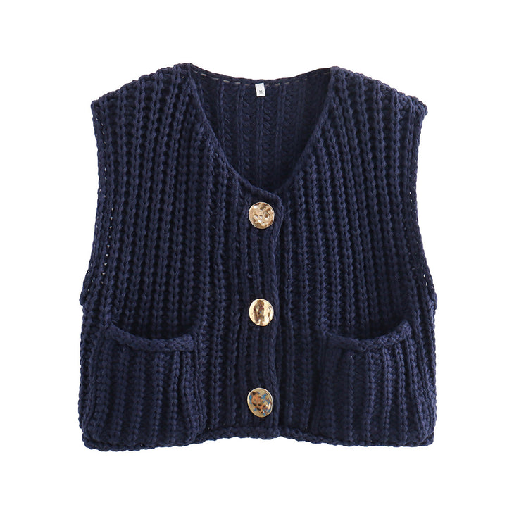 Knitted vest for women with decorative buttons and practical pockets Lune London