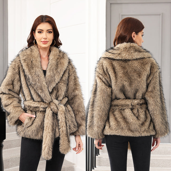Ladies Elegant Faux Fur Coat with Belt and Wide Lapels Lune London