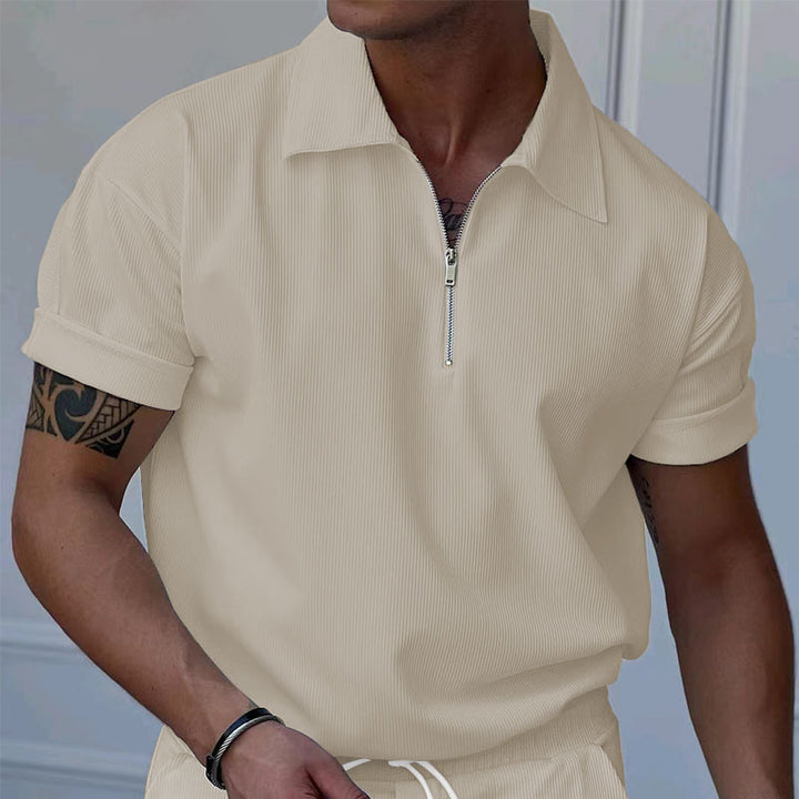 Short sleeve polo shirt for men with zip closure and structured fabric Lune London