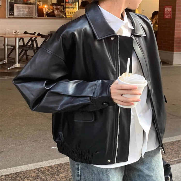 Women's Fashion Leather Jacket with Oversized Sleeves and Elastic Hem Chic & Stil
