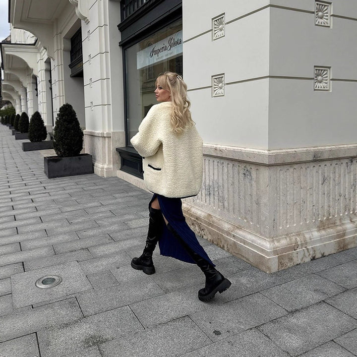 Faux fur jacket for women with a modern cut and practical button details Lune London