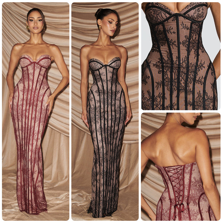 Ladies fitted lace dress with bustier top and elegant details Lune London