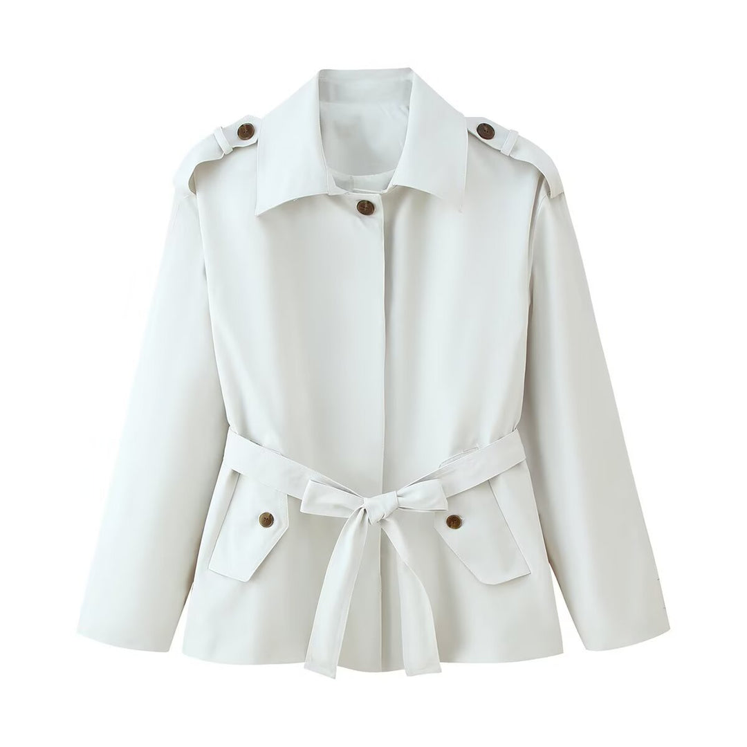 Fashionable women's transitional jacket with belt at the waist and functional buttons Lune London
